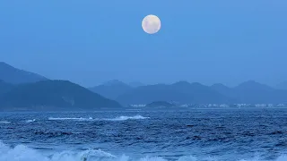 4K UHD Ocean Sounds of Rolling Waves with Rising Full Moon View  | White Noise for Sleep & Study