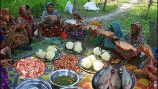 40 KG, 11 Pieces Of Big Silver Carp Fish Cutting & Cooking By 15 Women For Whole Village People