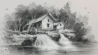 How to draw Watermill Scenery Art