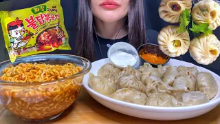 ASMR KOREAN SPICY NOODLES + DUMPLINGS / MOMOS MUKBANG EATING SOUNDS