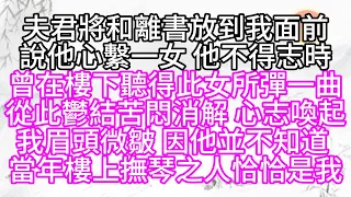 夫君將和離書放到我面前，說他心繫一女，他不得志時，曾在樓下聽得此女所彈一曲，從此鬱結苦悶消解，心志喚起，我眉頭微皺，因他並不知道，當年樓上撫琴之人恰恰是我【幸福人生】