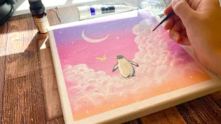 ピンクの空のアクリル画 How to draw pink coloured sky 🌙🐧 Acrylicpainting