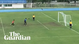 Goalkeeper celebrates prematurely before penalty spins back into goal