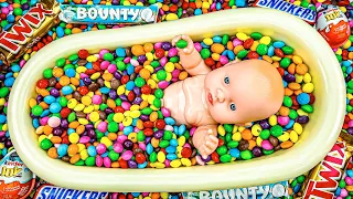 Satisfying ASMR - Rainbow Mixing Candy in Magic Big BathTub Skittles & Color Circle Slime Cutting