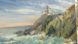 Oil painting. The sea, the rocks, the lighthouse.