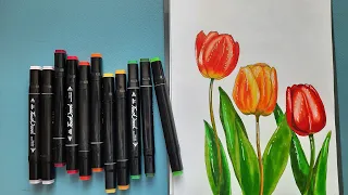 Как нарисовать тюльпаны спиртовыми маркерами на 8 марта. Рисунок - подарок.