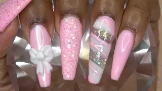 Acrylic Nails Tutorial - How To Encapsulated Nails with Nail Forms - Glitter and 3D Acrylic Bow