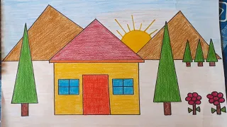 How to draw scenery using shapes|House scenery drawing for kids|Very easy scenery draw and color