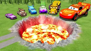 GIANT LAVA PIT VS HUGE & TINY PIXAR CARS! BeamNG Drive Battle!