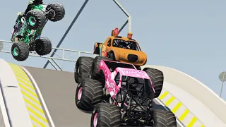 Epic High Speed Jumps & Crashes 5: BeamNG Drive Grave Digger & Scooby Doo Monster Jam Monster Trucks