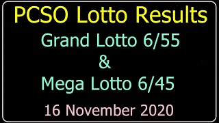 Today Grand Lotto 6/55, Mega Lotto 6/45 Winning Numbers Monday 16 November 2020. PCSO Drawing Result