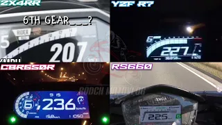 2023 ZX4RR 🆚️ YZF R7 🆚️ CBR650R 🆚️ RS660 | Stock Top Speed Attempt | Performance Comparo 🔥🔥🔥