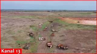 Ukrainian drone shows Russian military equipments being destroyed after heavy fighting