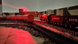 Rajdhani and Superfast trains overtaking Freight train (maal gaadi) at night Centy toy and rail king
