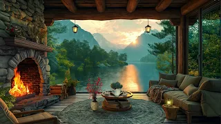 Soothing Spring Jazz Background Music ~ Cozy Porch Lakeside Ambience with Fireplace Sounds for Relax