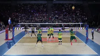 Ran Takahashi spiking in Japan vs Brazil Volleyball 2023