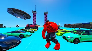 UFO attack on ramp challenge GTA 5 Red Hulk Off-Road Supercars Spiderman Miles Morales, police Cars!