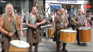 Scottish tribal band Clanadonia with Tu-Bardh Wilson performing 'Hamsterheid' in Perth, Scotland