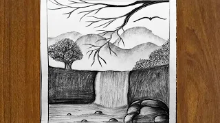 charcoal pencil drawing|| how to draw a waterfall landscape sketch for beginners step by step