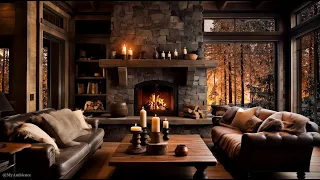 ❄️ Enjoy The Cozy Living Room Ambience with Crackling Fireplace and  Snowfall Outside