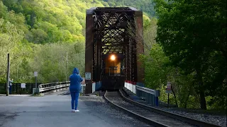 HEAVY Coal Train Crosses Very Old Train Bridge, Long Hood Forward - Thurmond, WV