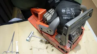 Disassembly of old chainsaw, carburator, air filter plate and spark plug removal | Husqvarna 45
