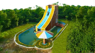 Build 2-Story Water Slide Bamboo Shoes Resort And Swimming Pool With Bamboo Umbrella [part end]