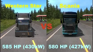 ets2 - [585HP vs 580HP] Western Star 4800 vs Scania Streamline Topline |Acceleration and Brake Test|