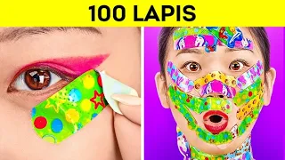 TANTANGAN 100 LAPIS! 100+ Lapis Make-up, Cat Kuku, Plester, Lipstik Terbaik oleh 123 GO! CHALLENGE