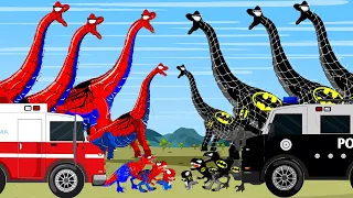 ALL SPIDERMAN T-REX VS BRONTOSAURUS, AMBULANCE, CAR POLICE: Jurassic World Dinosaur Disappeared!