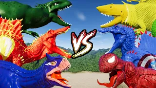 GREEN AQUAMAN vs GREEN LANTERN, DEADPOOL, CAPTAIN AMERICA &All Dinosaurs Fighting in Jurassic World