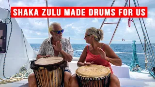 African drums for sailors. Carriacou artist Shaka Zulu made for us djembes and taught  how to play.