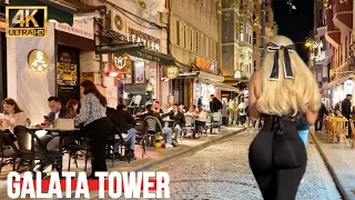 Istanbul Turkey City Center Nightlife Around Galata Tower Walking Tour 4K