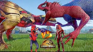 IRON MAN GIGANOTOSAURUS VS SPIDER MAN INDOMINUS REX, JURASSIC WORLD EVOLUTION 2 BATTLE