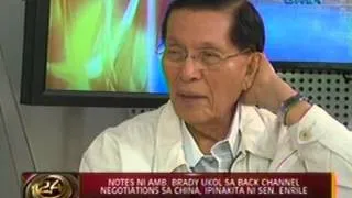 24 Oras: Notes ni Amb. Brady ukol sa back channel negotiations sa China, ipinakita ni Sen. Enrile