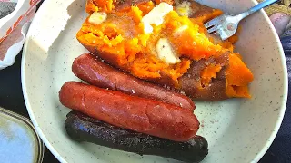 Campfire Roasted Sweet Potatoes & Sausage - Cast Iron Cooking While Camping