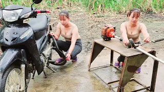 Genius girl repairs grass sanding machine - banana slicer - motorbike, diesel engine / genius girl