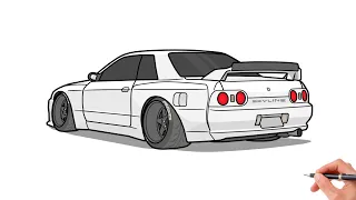 How to draw a NISSAN SKYLINE GTR R32 / drawing nissan gt-r r32 pandem rocket bunny 1989 car