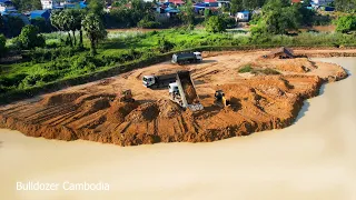 The Best , Land Filling Up Process 2 Bulldozer KOMATSU Pushing Clearing Dirt Into Water & Dump Truck