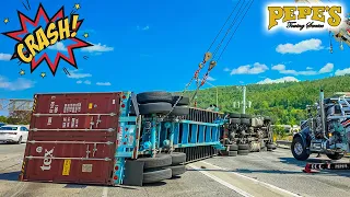 Another container rollover blocking freeway lanes