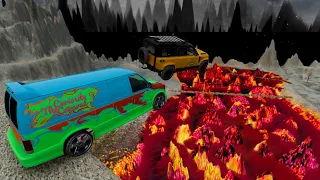 Jeep & Vans Crazy Jumps In Hot Lava Pool  (Crash Test) - BeamNG.drive Car Jumps Into Hot Lava