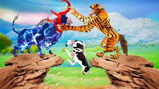 Wolf Tiger Vs Giant Zombie Bull Save Cow Cartoon Attacked by Giant Wolf - Animal Mammoth Revolt