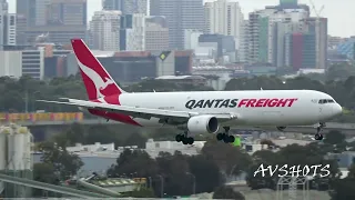 4K CLOSE UP QANTAS FREIGHT Boeing 767-381F(ER) Landing Sydney RUNWAY 16R QF7526 from HONG KONG