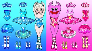 Blue Ballerina VS Pink Huggy Wuggy - Frozen Elsa OR Hot Squid Game | Paper Dolls Story Animation