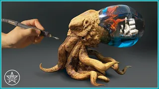 Carving a Cthulhu Octopus Bust | Diorama - Wood - Polymer Clay - Epoxy Resin Art