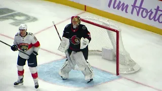 Joonas Korpisalo in action during the Panthers @ Senators hockey game