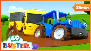 Wheels on the Bus - Stuck in the Mud Song! | Go Buster | Baby Cartoons | Kids Videos | ABCs and 123s