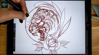 How to draw a Tattoo Design from Beginning to End | Neo Traditional Tiger Sketch