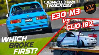 DTM inspired E30 M3 BMW track car carnage at Cadwell. vs Clio 182 - Which broke first?