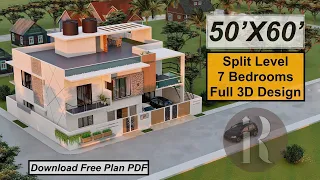 50X60 Feet Split Level House Design | 7 Bedroom Duplex House Design | 3000 Sq.ft House Plan